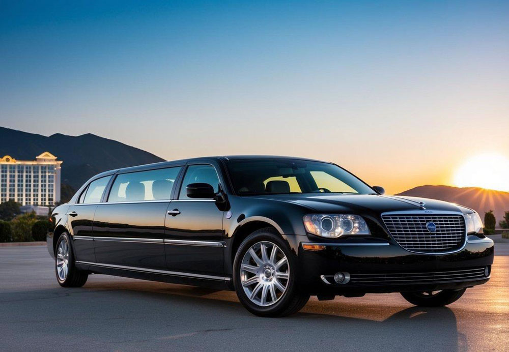 A sleek black limousine parked in front of a luxurious hotel, with the sun setting behind the mountains in the distance