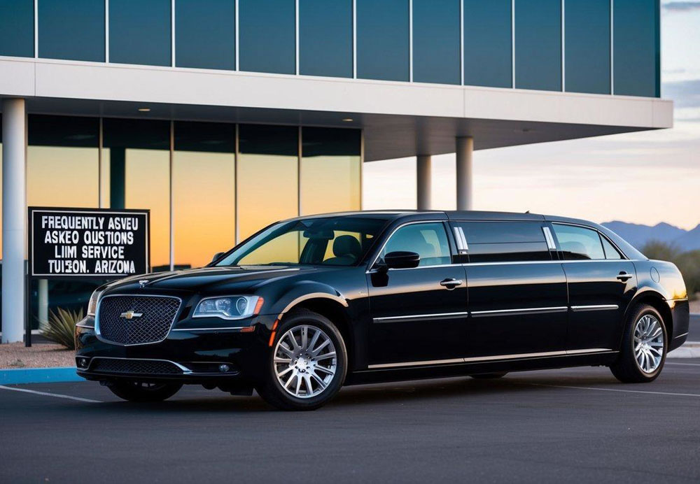 A sleek, black limousine parked in front of a modern office building with a sign that reads "Frequently Asked Questions Limo Service in Tucson, Arizona."