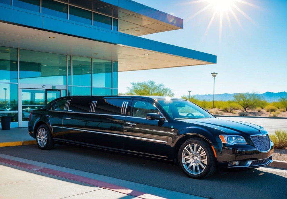 A sleek black limousine waits at the curb outside a modern airport terminal in Tucson, Arizona. The sun shines brightly against the backdrop of the desert landscape